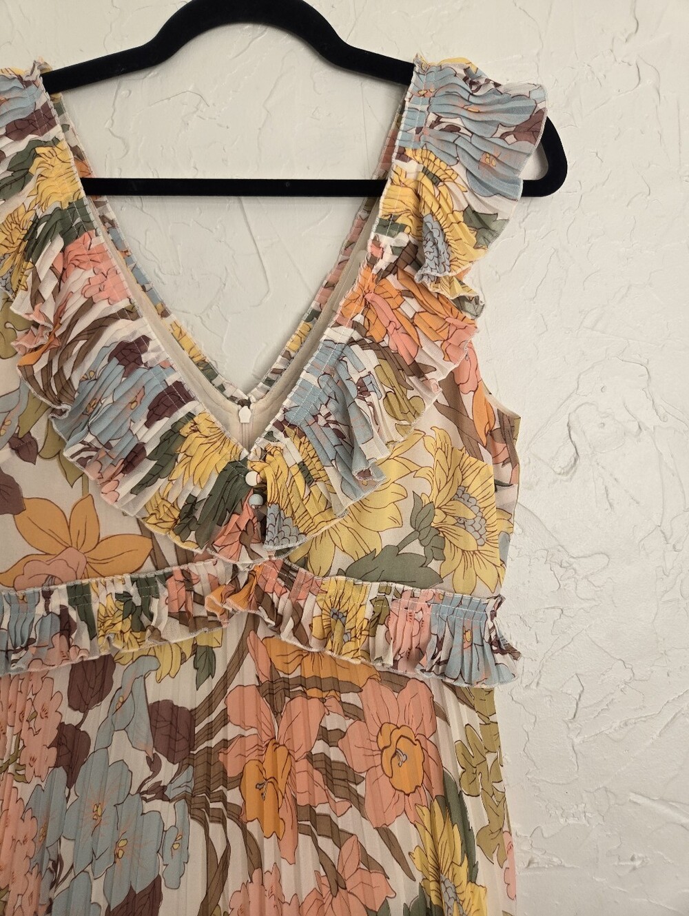 Sézane Floral Pleated Ruffle Pink Yellow Rachelle Dress, 6 - Picture 4 of 14